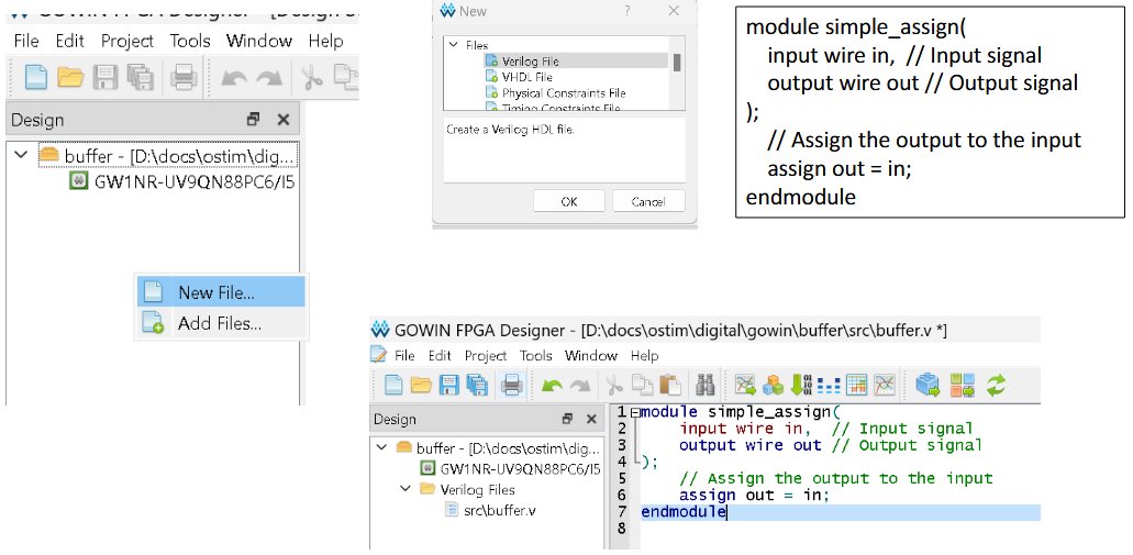 Gowin: New File / Verilog file and the buffer.v source in the editor