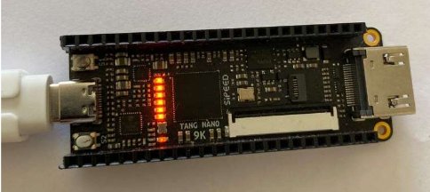 Tang Nano 9K with LEDs lit (author's own photo)